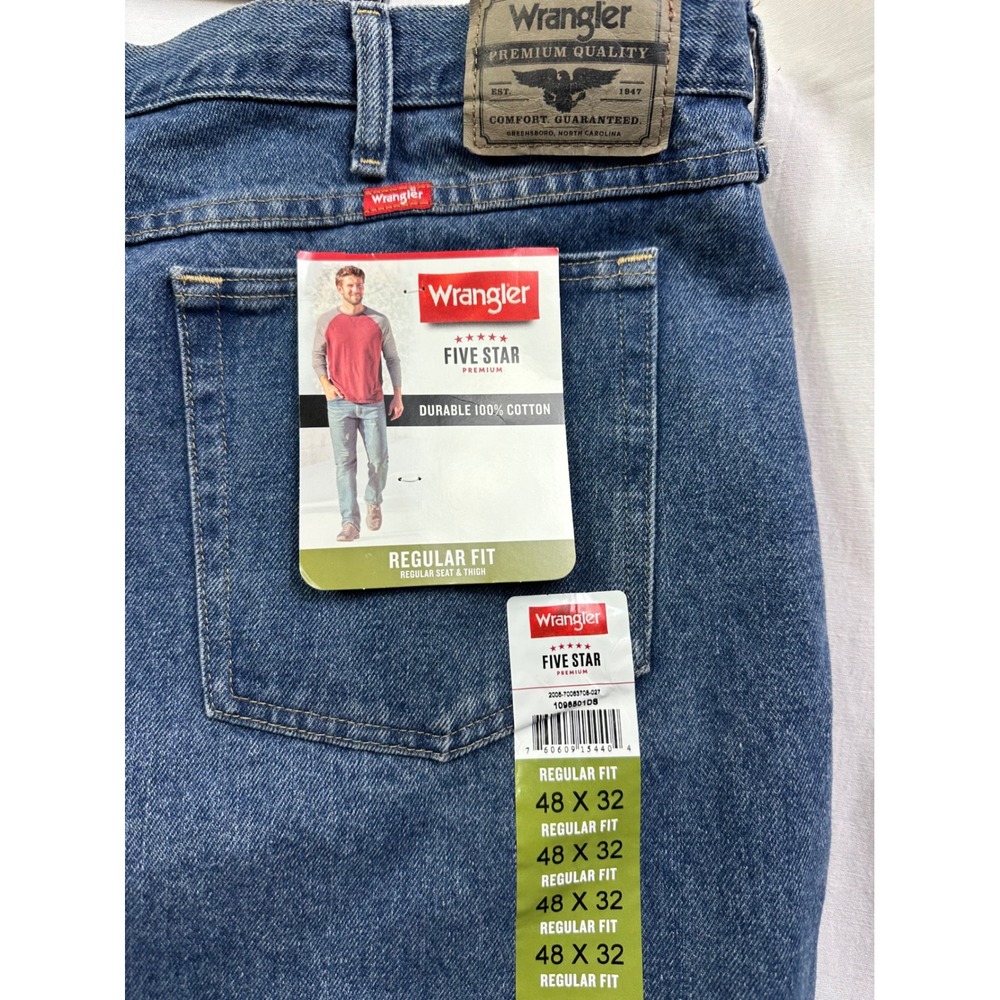 Wrangler Five Star Premium Quality Men's Regular‎ Fit Jeans 48x32 Blue Denim